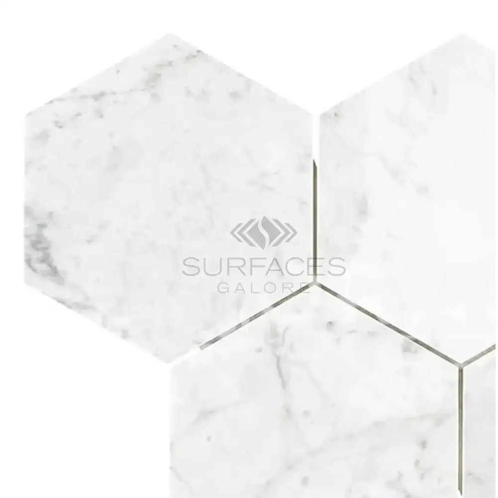 White marble hexagon tiles from Carrara White Royale 6-inch hexagon mosaic marble tile