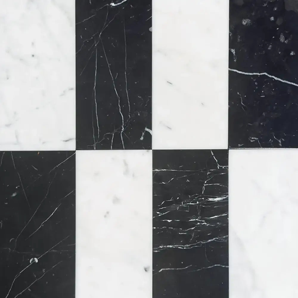 Black and white marble tile pattern from Carrara White Royale and Nero Marquina Prestige set