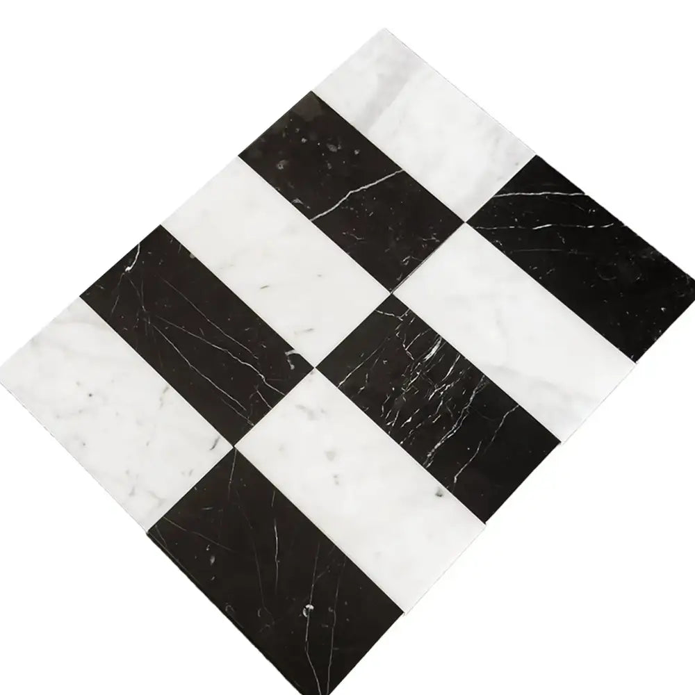 Black and white marble tile pattern from Carrara White Royale and Nero Marquina Prestige set
