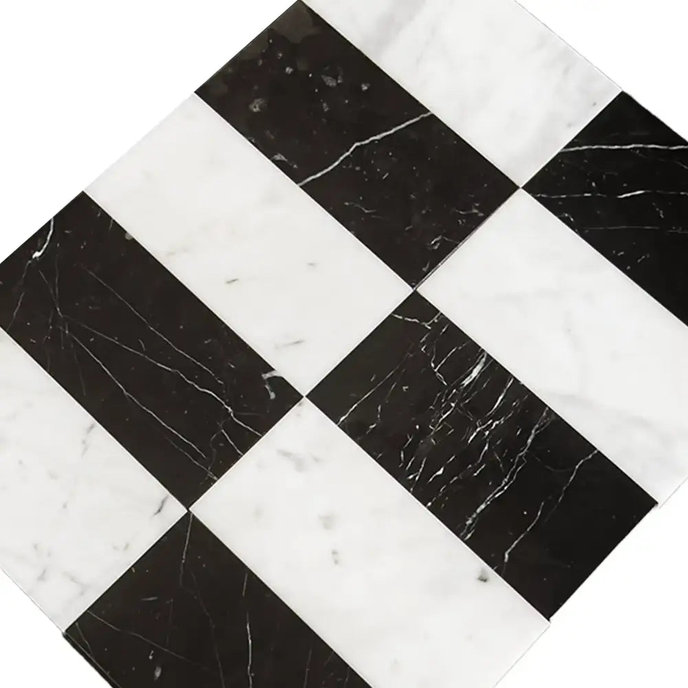 Black and white marble tile pattern from Carrara White Royale and Nero Marquina Prestige set