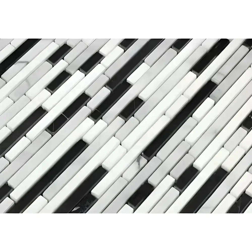 Black, white, and gray mosaic tile pattern for Carrara White Royale Bamboo Sticks product