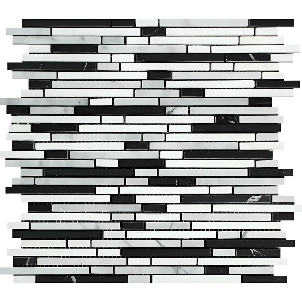 Black, white, and gray mosaic tile sheet for Carrara White Royale Bamboo Sticks product