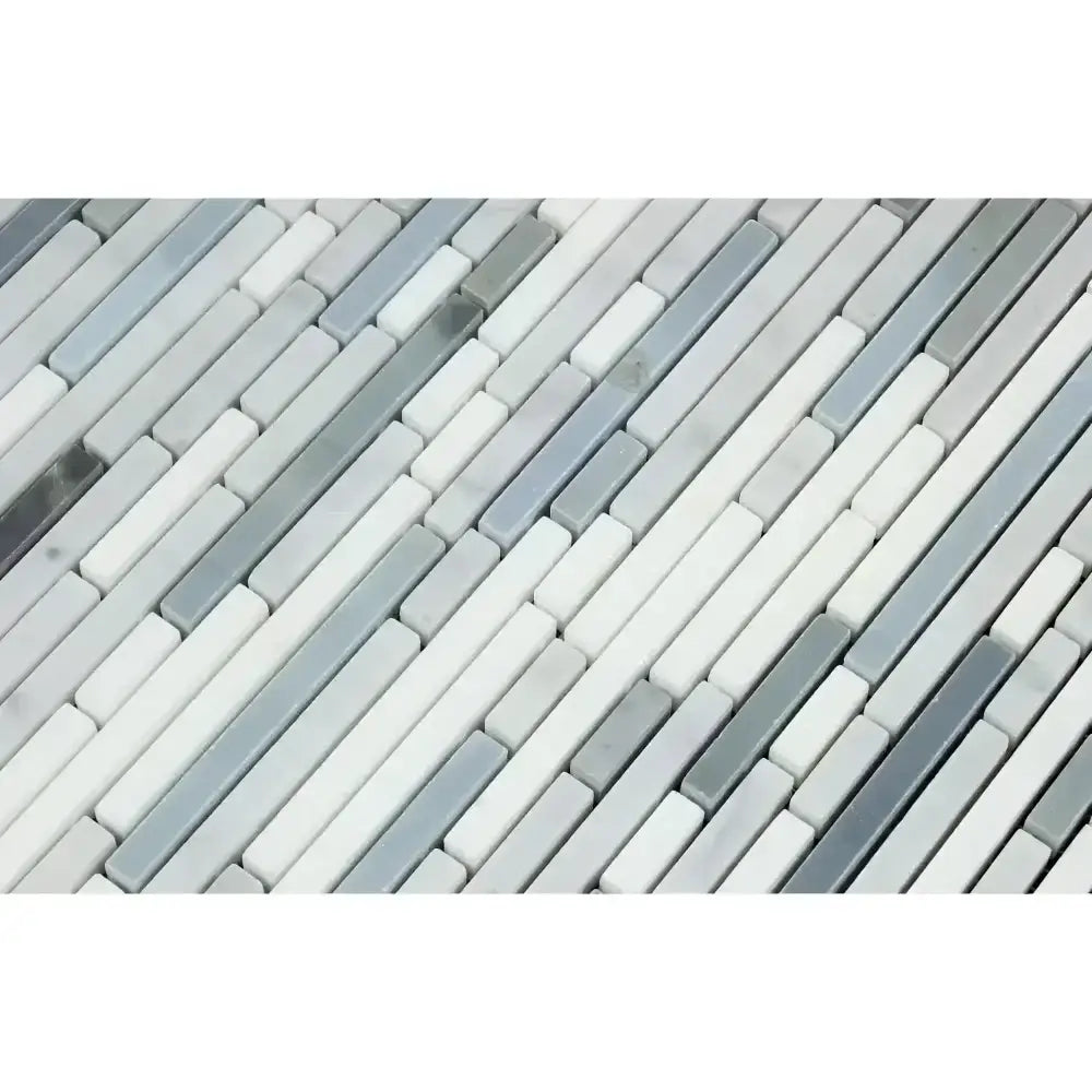 Rectangular mosaic tile pattern featuring Carrara White Royale, Thassos, and Blue-Gray tones