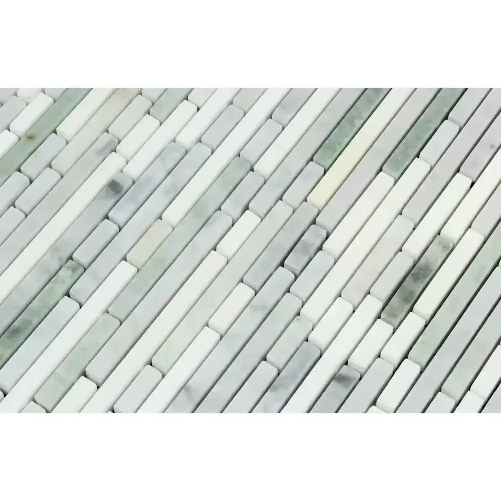 Rectangular marble mosaic tiles for luxury kitchen and bathroom design featuring Carrara White Royale and Ming Green