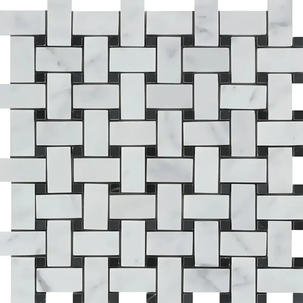 Woven white and black tile pattern from Carrara White Royale Basketweave Mosaic Marble Tile