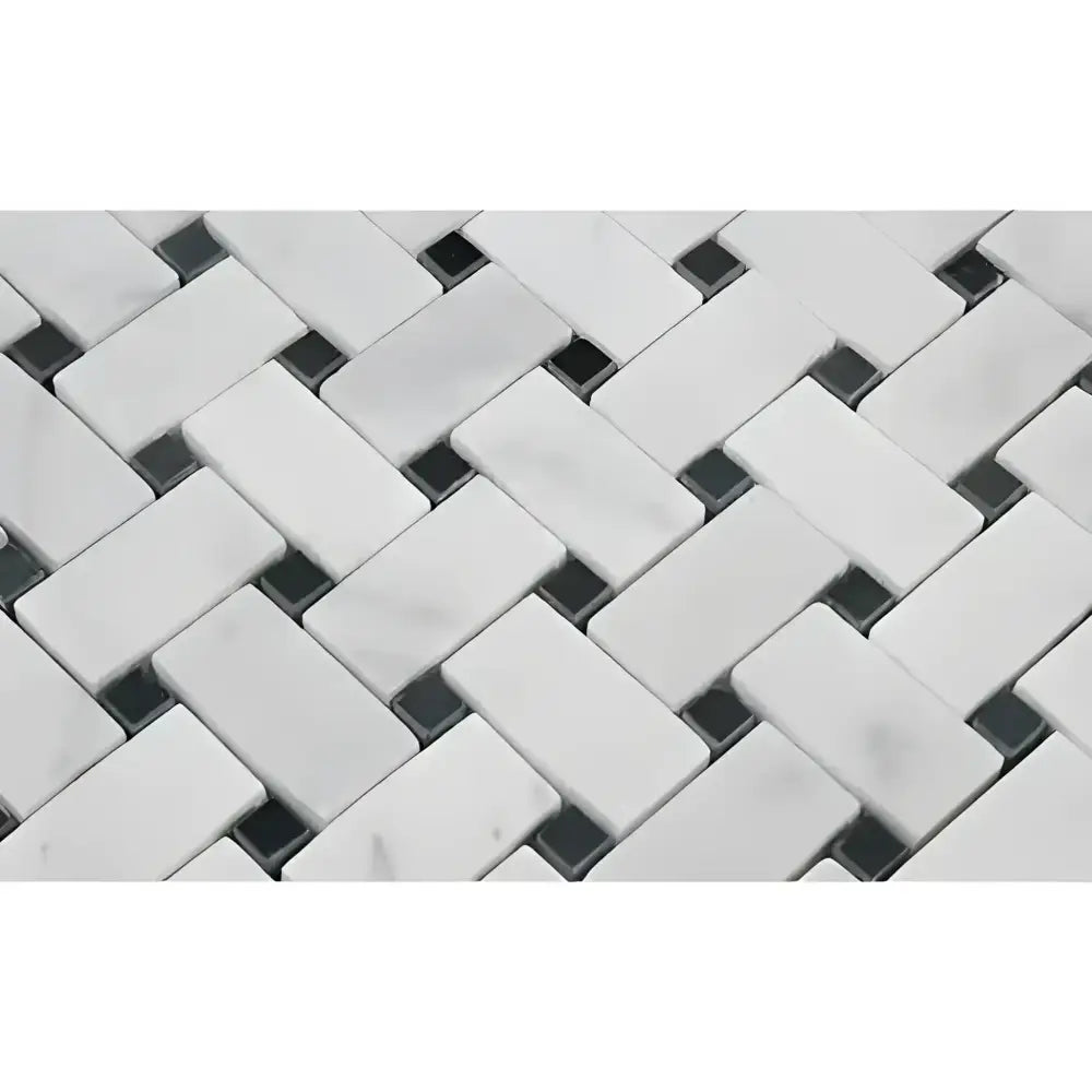 Herringbone patterned tile mosaic from Carrara White Royale Basketweave Marble Tile