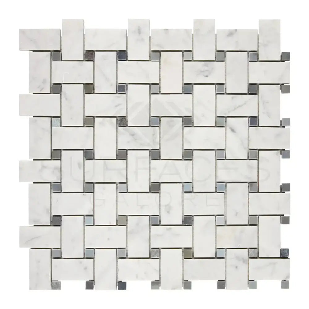 Woven Carrara White marble and gray metal mosaic tile for luxurious interior design