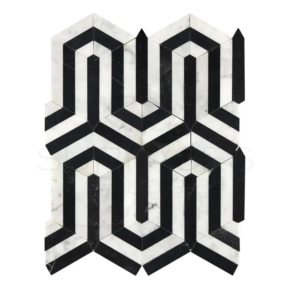 Black and white geometric tile pattern from Carrara White Royale Berlinatta Mosaic