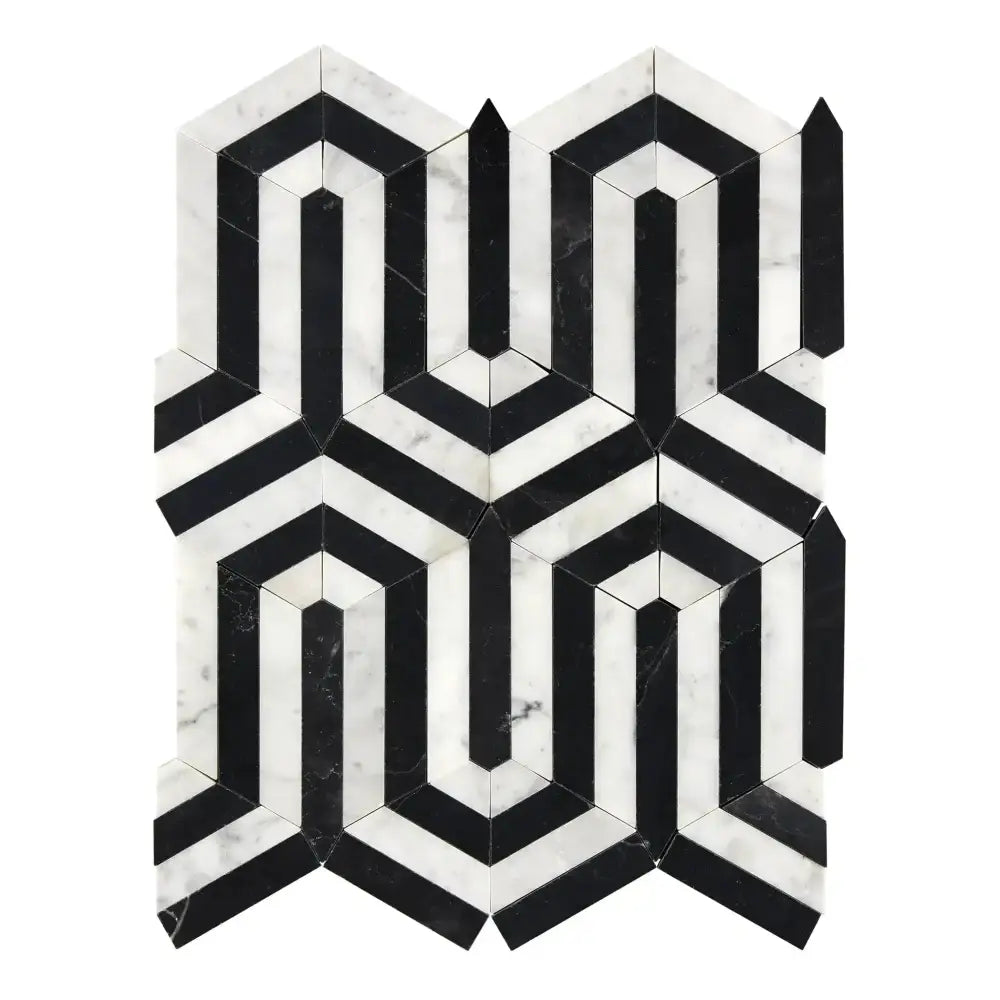 Black and white geometric tile pattern for Carrara White Royale Berlinatta Mosaic