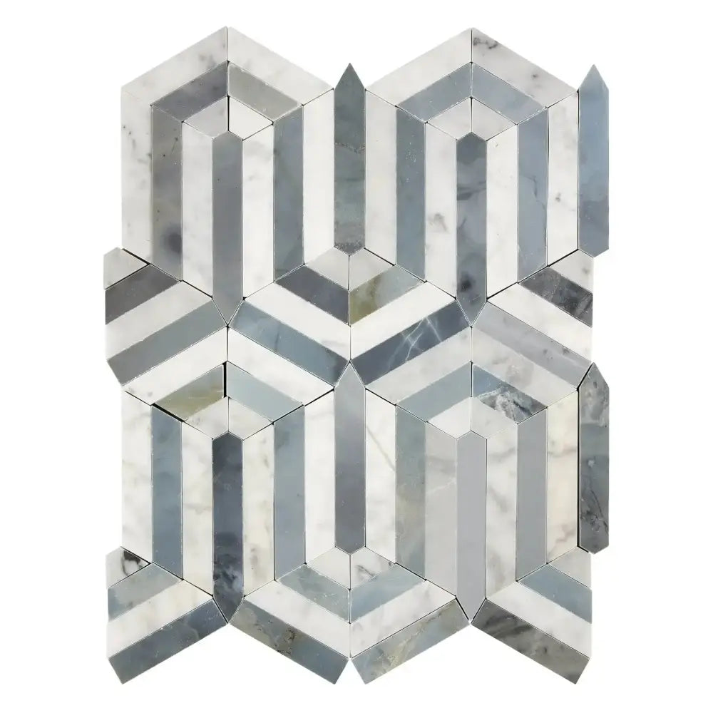 Hexagonal Carrara White Royale marble mosaic tile with blue-gray accents in polished or honed finish