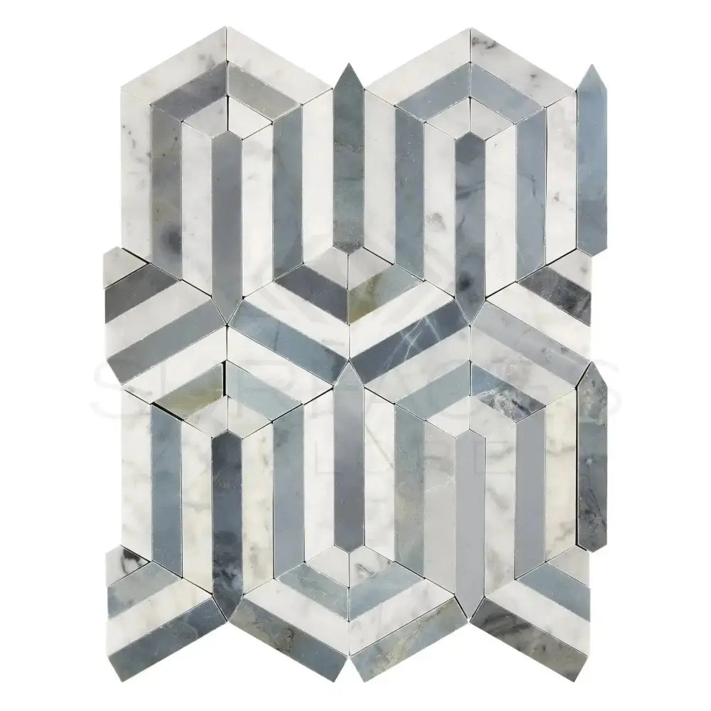 Hexagonal marble mosaic tile from Carrara White Royale Berlinatta design with blue-gray accents