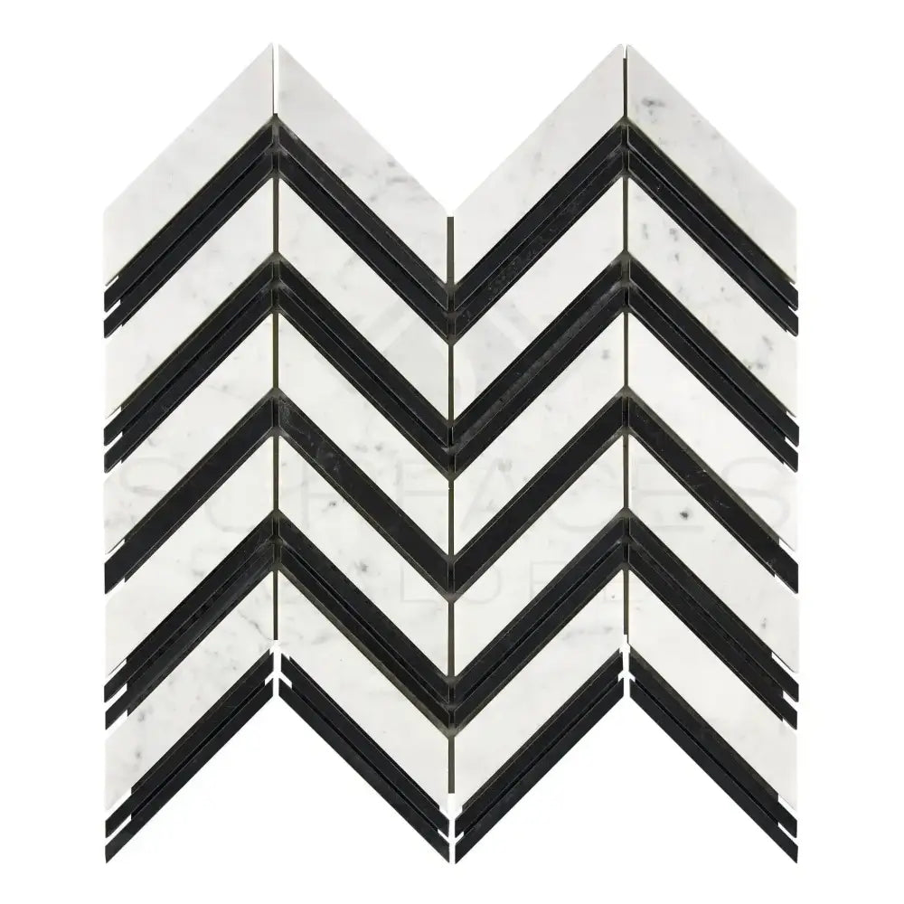 Chevron patterned black and white marble tile from Carrara White Royale Mosaic collection