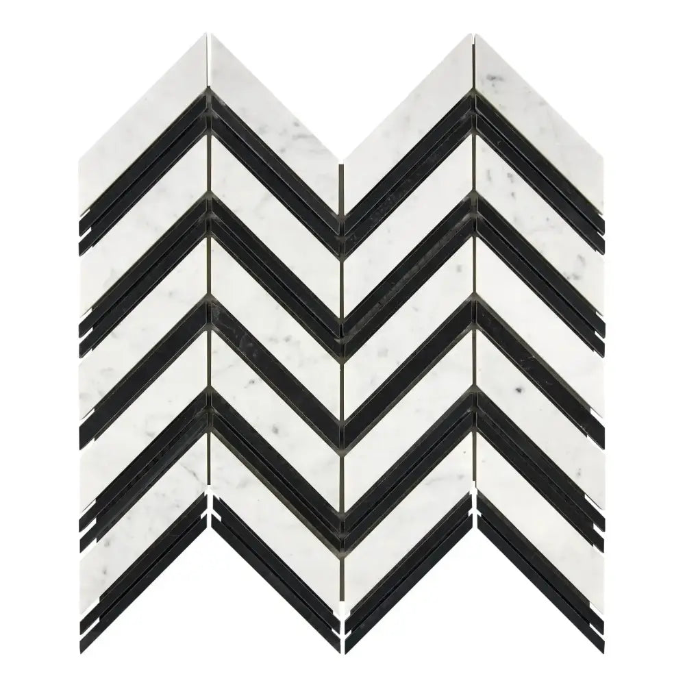 Chevron patterned tile mosaic featuring Carrara White Royale and Black marble, polished or honed