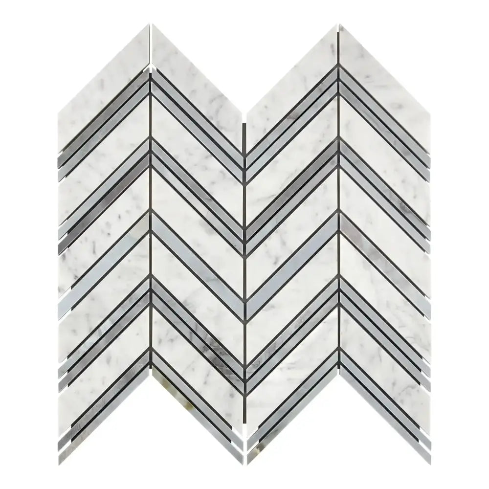 Chevron marble mosaic tile in Carrara White Royale with blue-gray accents, polished finish