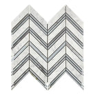Chevron marble mosaic tile in Carrara White Royale with blue-gray accents, polished finish