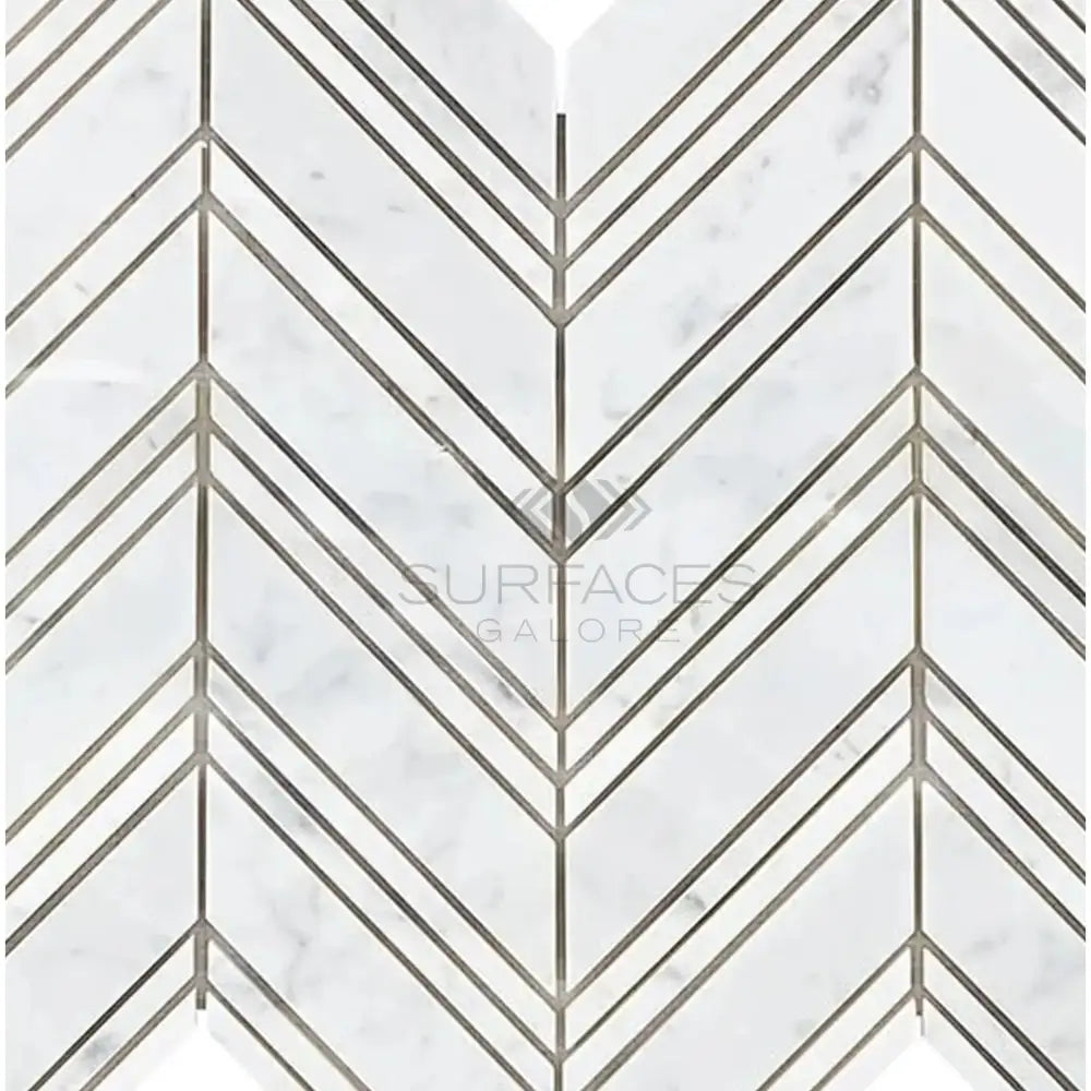 White marble chevron tile pattern in Carrara White Royale Mosaic Marble Tile
