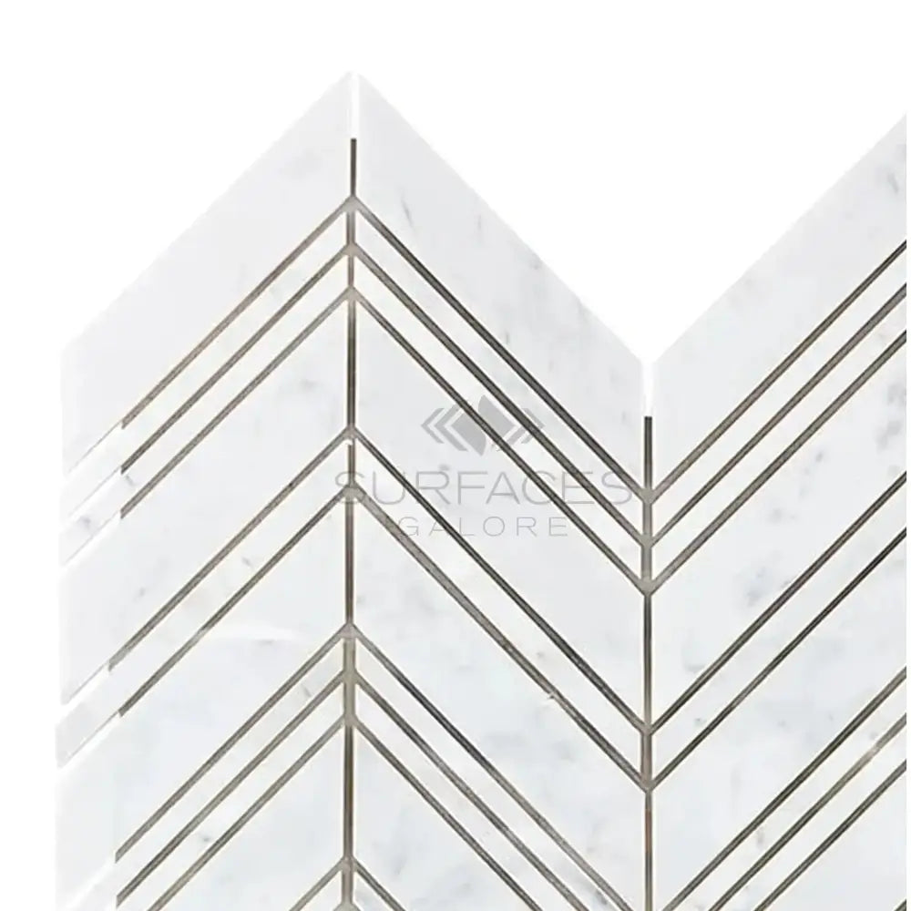 Chevron patterned marble tile from Carrara White Royale Mosaic collection in polished finish