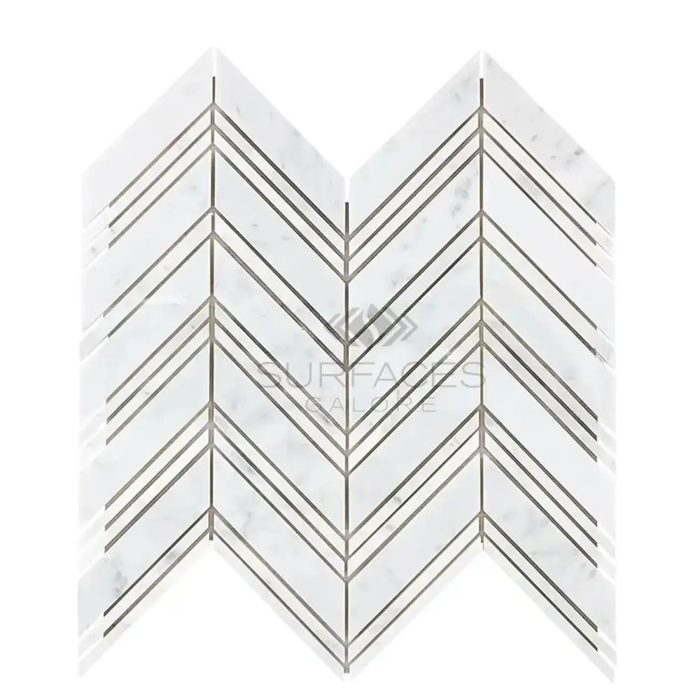 Chevron patterned Carrara White Royale marble tile for elegant flooring or wall decor