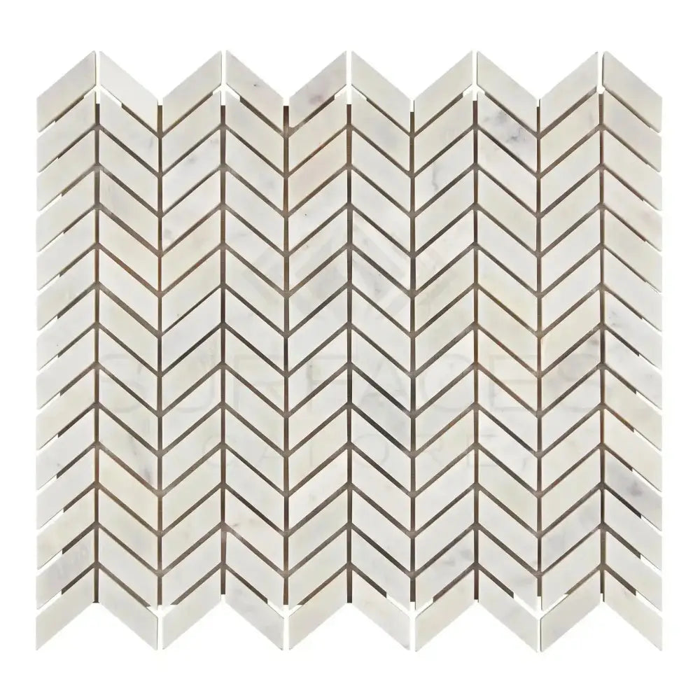 Chevron pattern marble tile in Carrara White Royale Mosaic for stylish flooring or backsplash