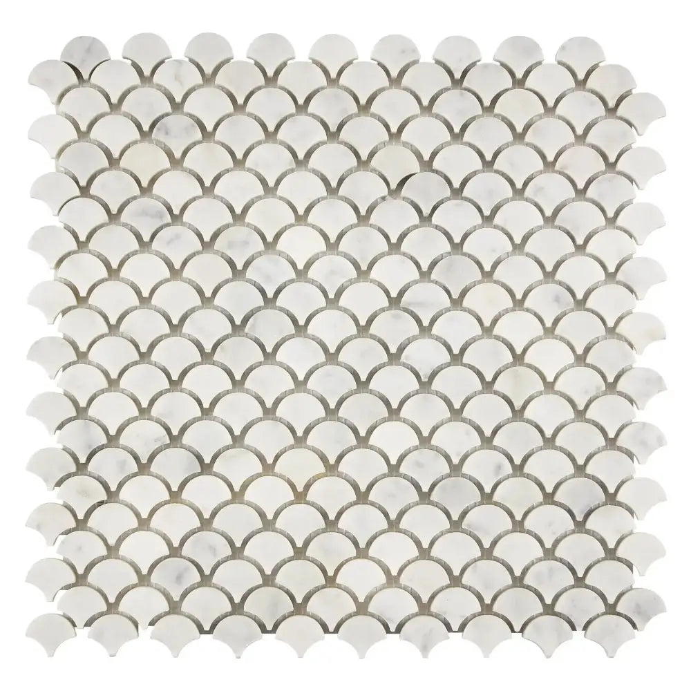 White marble scallop tile mosaic from Carrara White Royale Fan (Raindrop) series