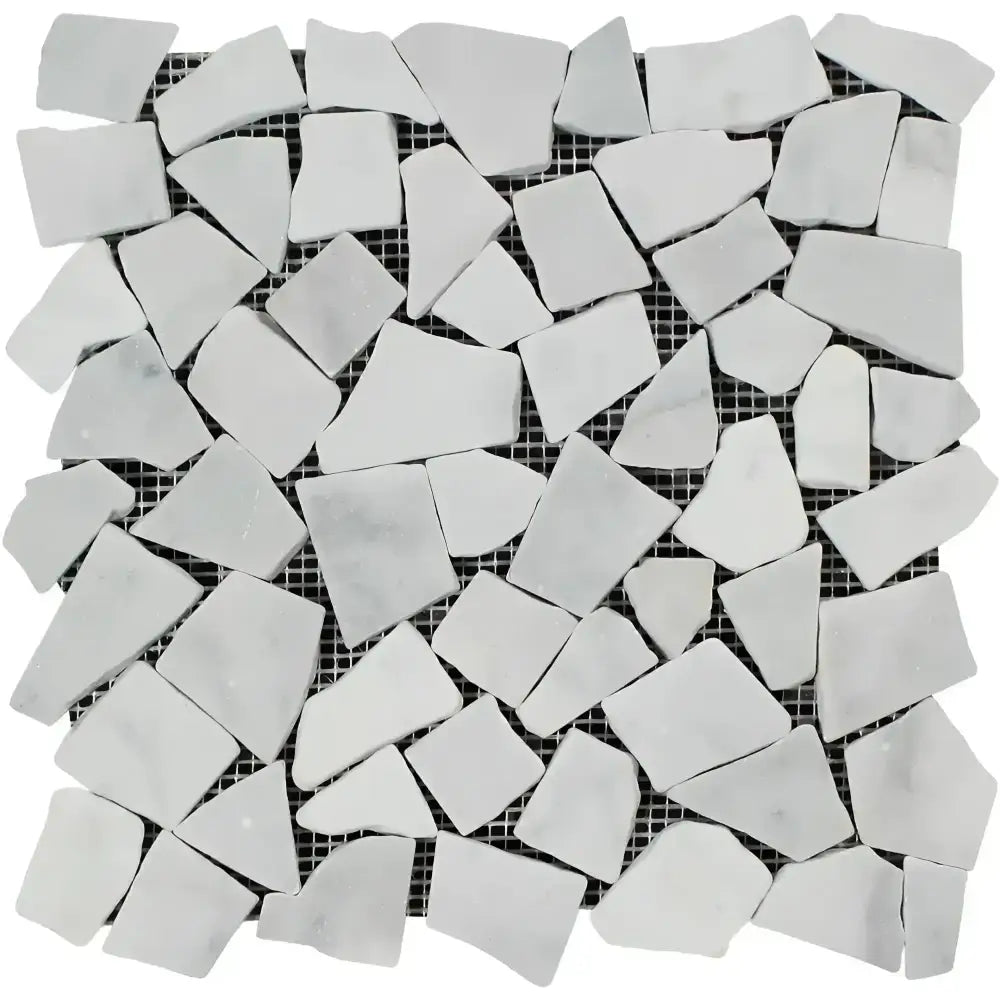 White marble mosaic tile from Carrara White Royale collection with tumbled pebble finish