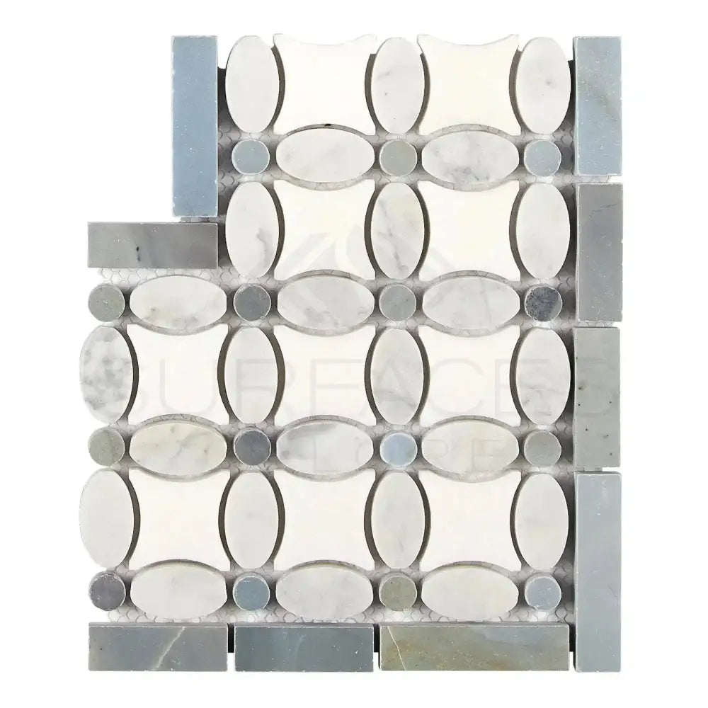 Mosaic tile sheet featuring Carrara White Royale Florida Flower Border corner in Blue-Gray