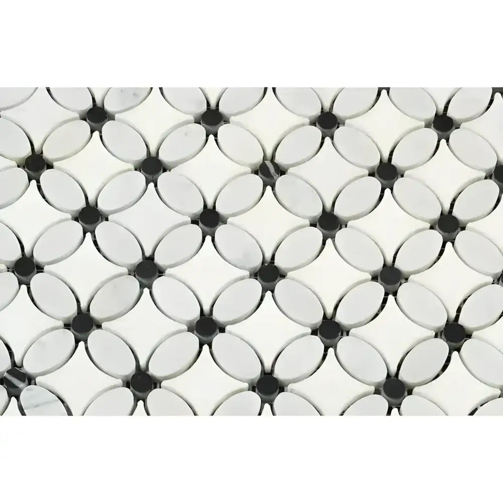 Carrara White Royale Florida Flower Mosaic (Thassos+White Carrara White Royale(Oval)+Black(Dots)) Mosaic Marble Tile-American Stone