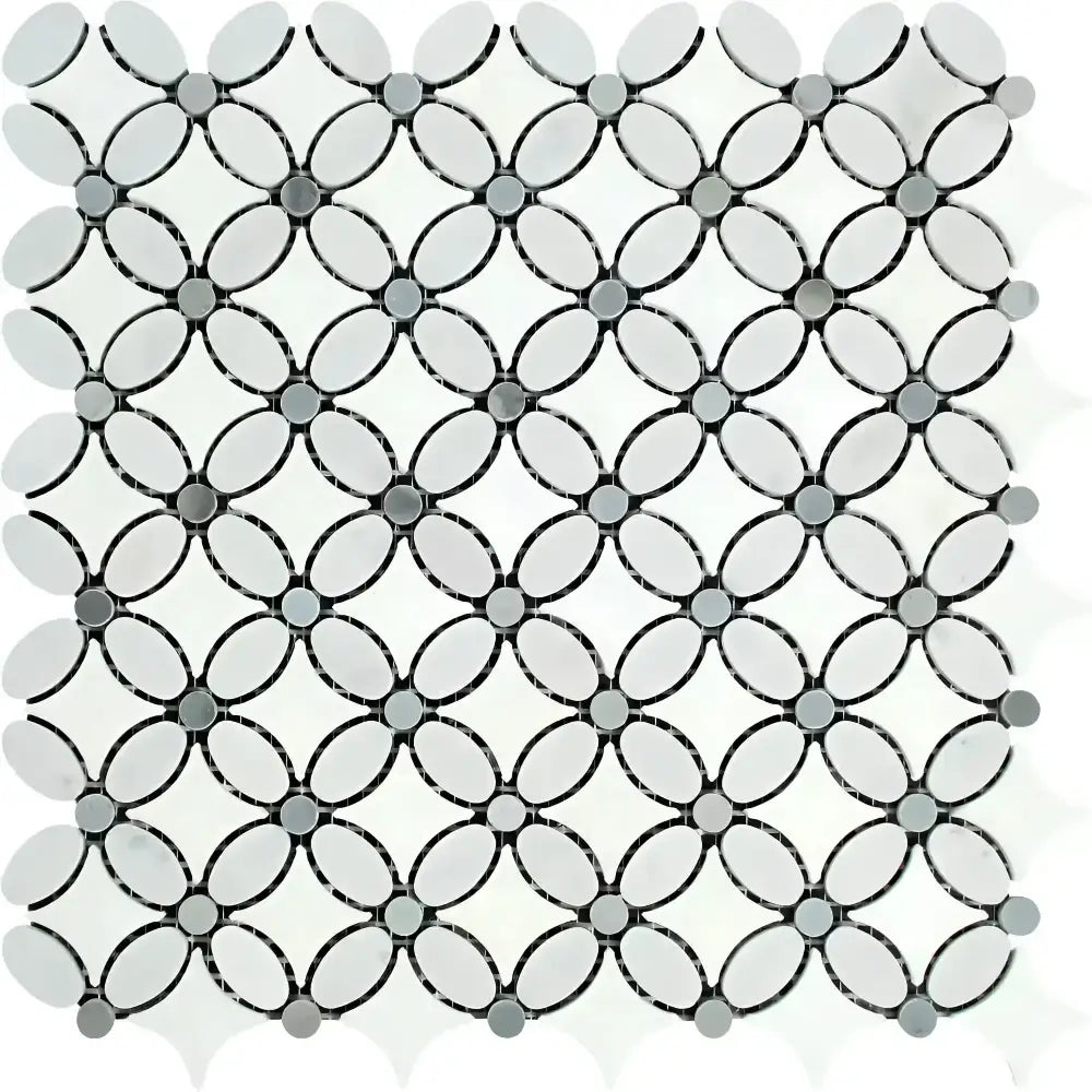 Carrara White Royale Florida Flower Mosaic (Thassos+White Carrara White Royale(Oval)+Blue-Gray(Dots)) Mosaic Marble Tile-American Stone