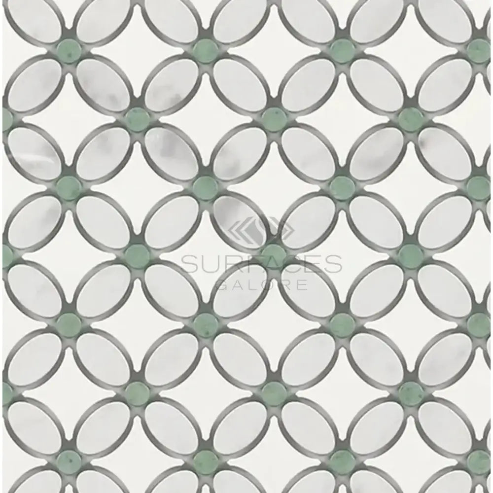 Floral mosaic tile pattern featuring Thassos White Carrara and Ming Green accents