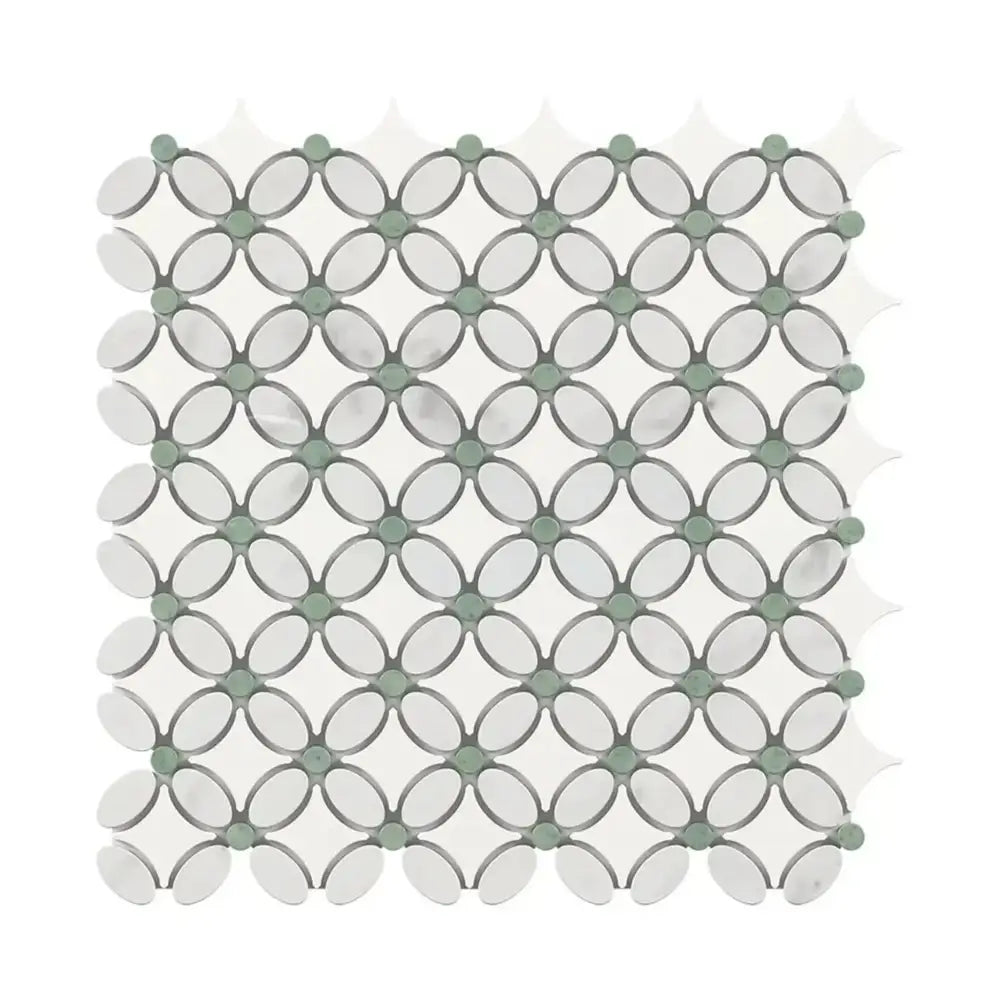 Interlocking gray and white mosaic tile from Carrara White Royale Florid Mosaic Marble Tile