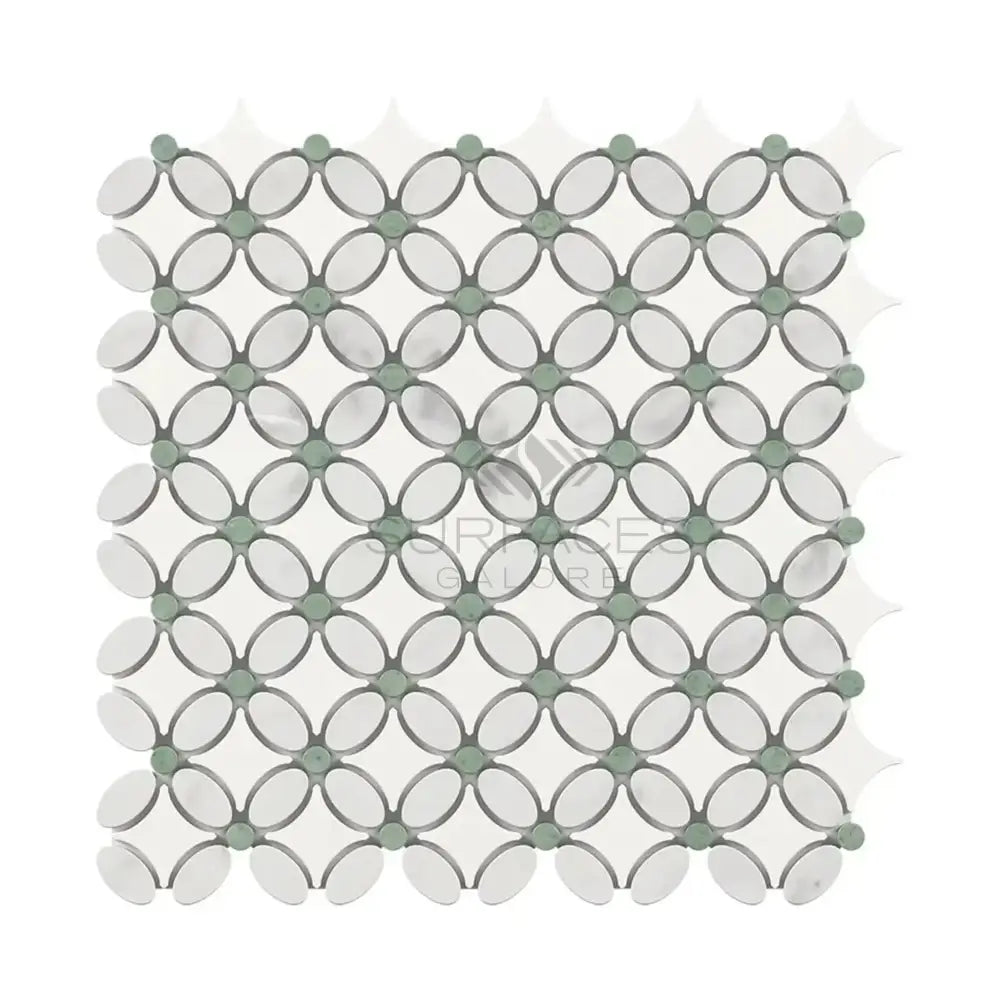 Interlocking oval and circular mosaic tile pattern with Carrara White and Ming Green marble