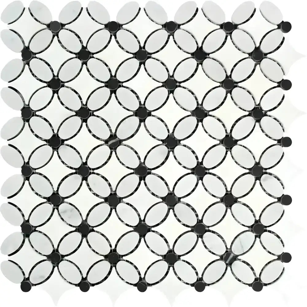 Black and white mosaic tile pattern from Carrara White Royale Florida Flower Mosaic marble tile