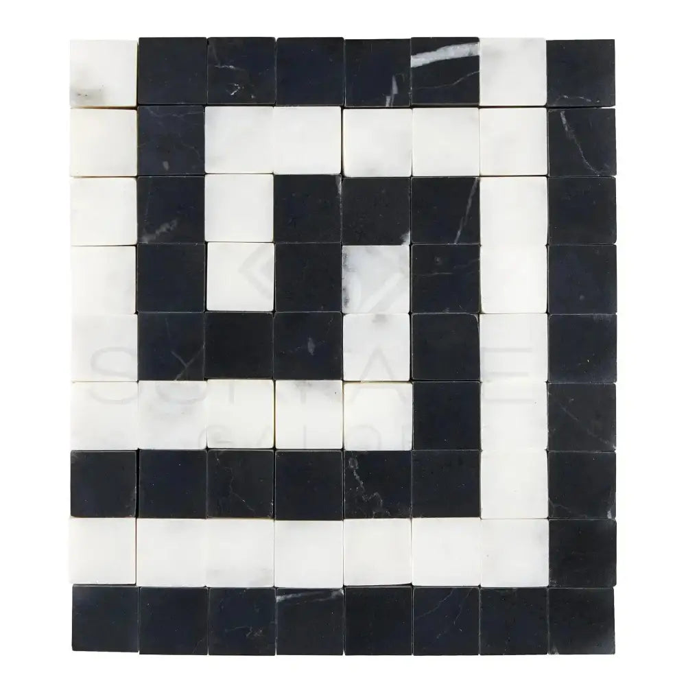 Black and white mosaic tile pattern from Carrara White Royale Greek Key Border collection
