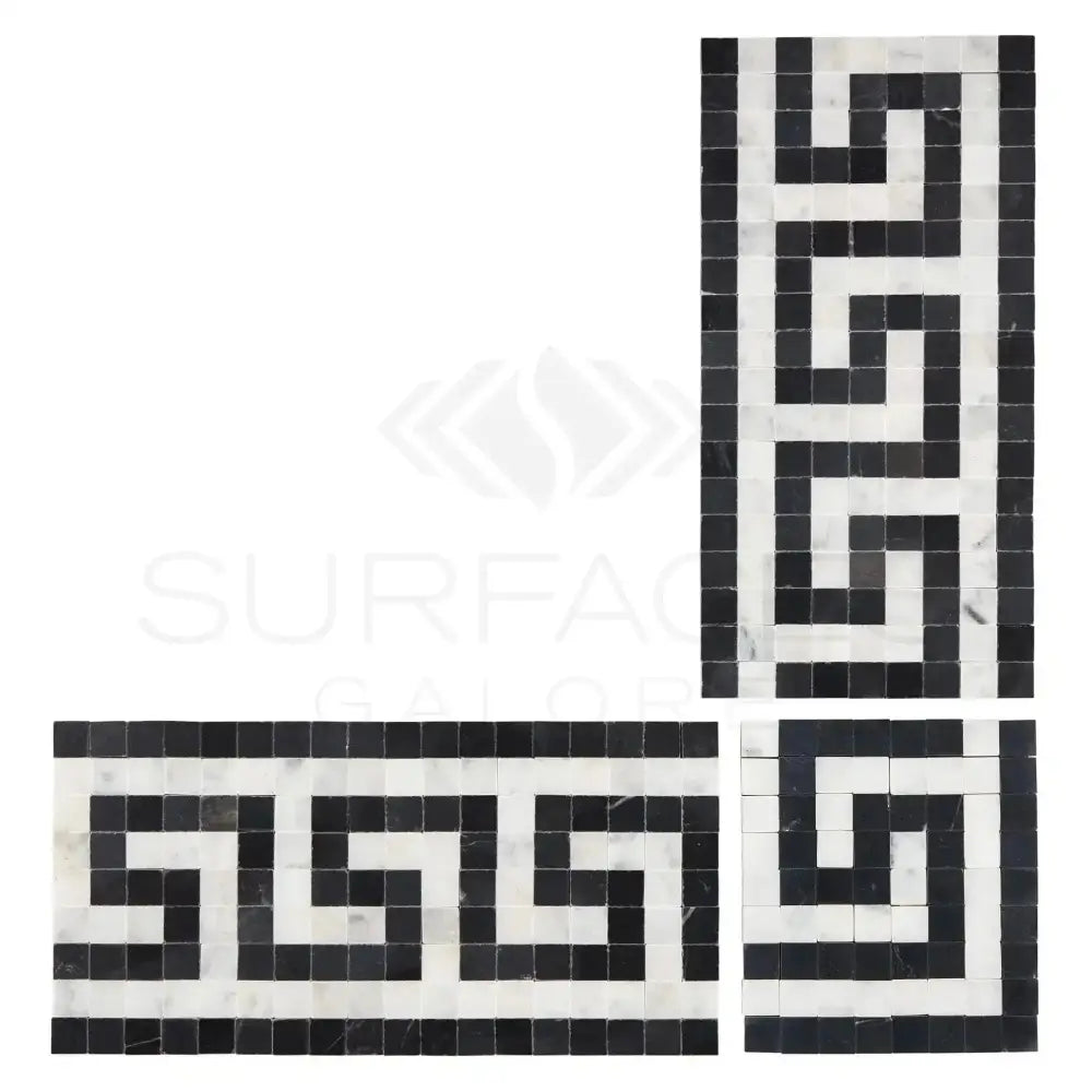 Black and white mosaic tile border from Carrara White Royale Greek Key Corner collection