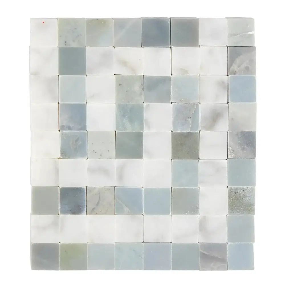 Square mosaic tile pattern from Carrara White Royale with Blue-Gray Greek Key Border