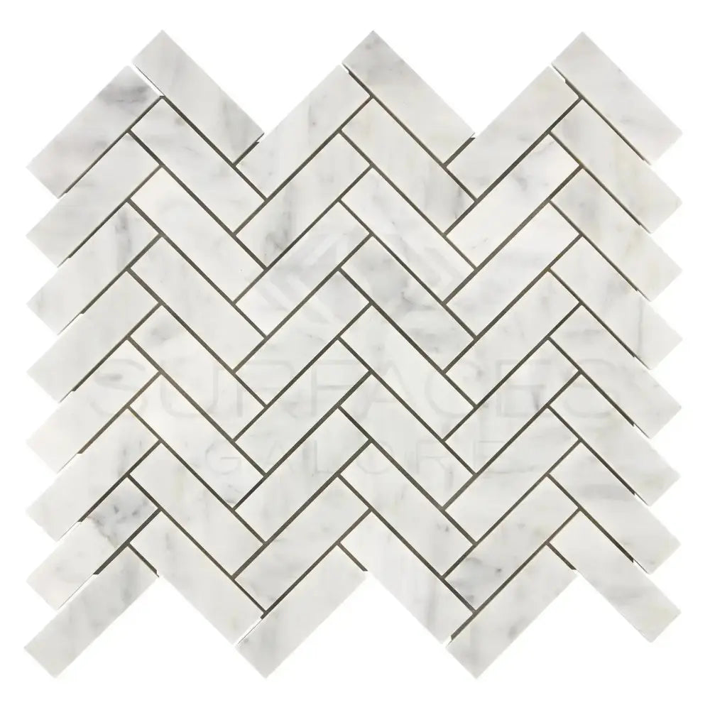 White marble herringbone tile pattern from Carrara White Royale mosaic