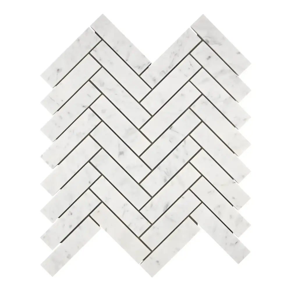 White marble herringbone tile pattern in Carrara White Royale Herringbone Mosaic