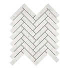 White marble herringbone tile pattern in Carrara White Royale Herringbone Mosaic
