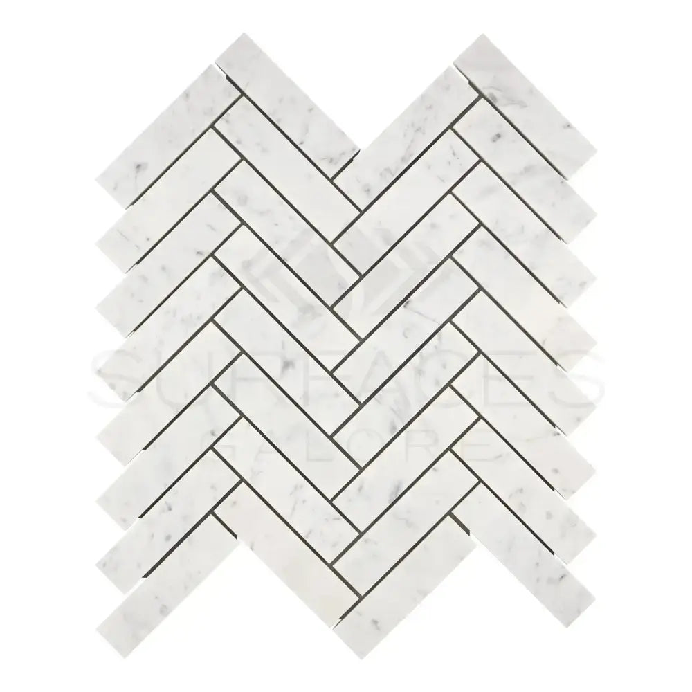 White marble herringbone tile from Carrara White Royale Mosaic collection