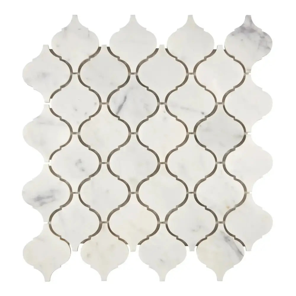 White marble arabesque tile sheet for Carrara White Royale Lantern Mosaic Tile
