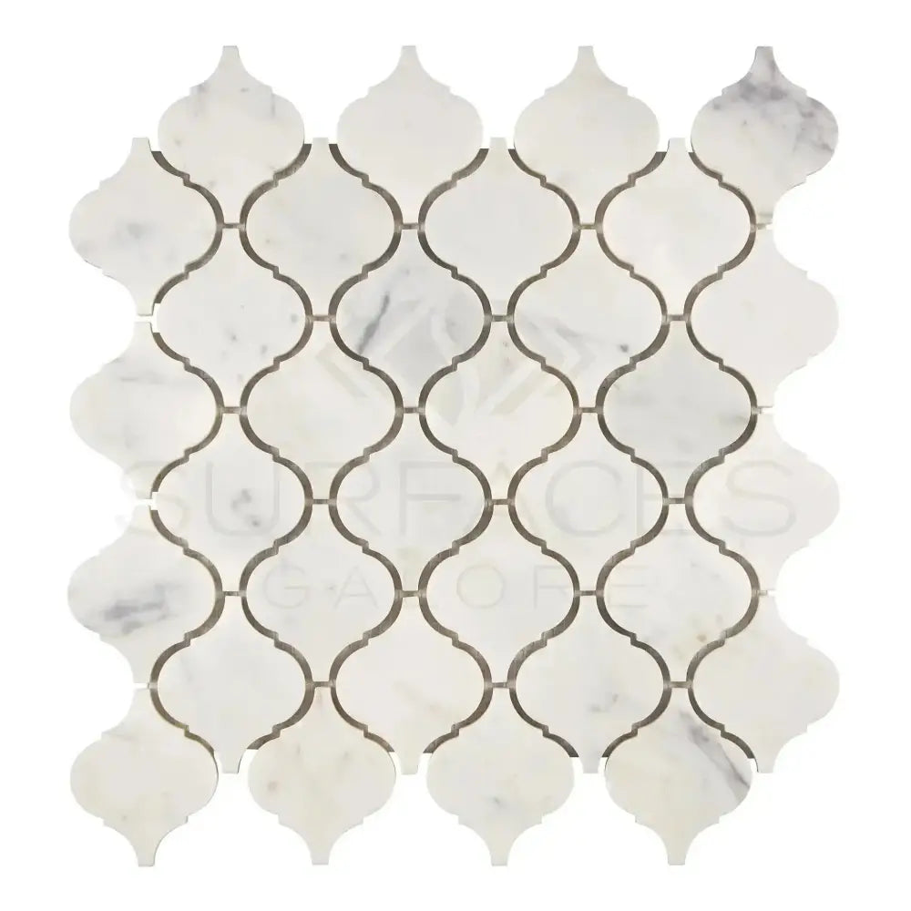 White marble arabesque mosaic tile from Carrara White Royale Lantern collection