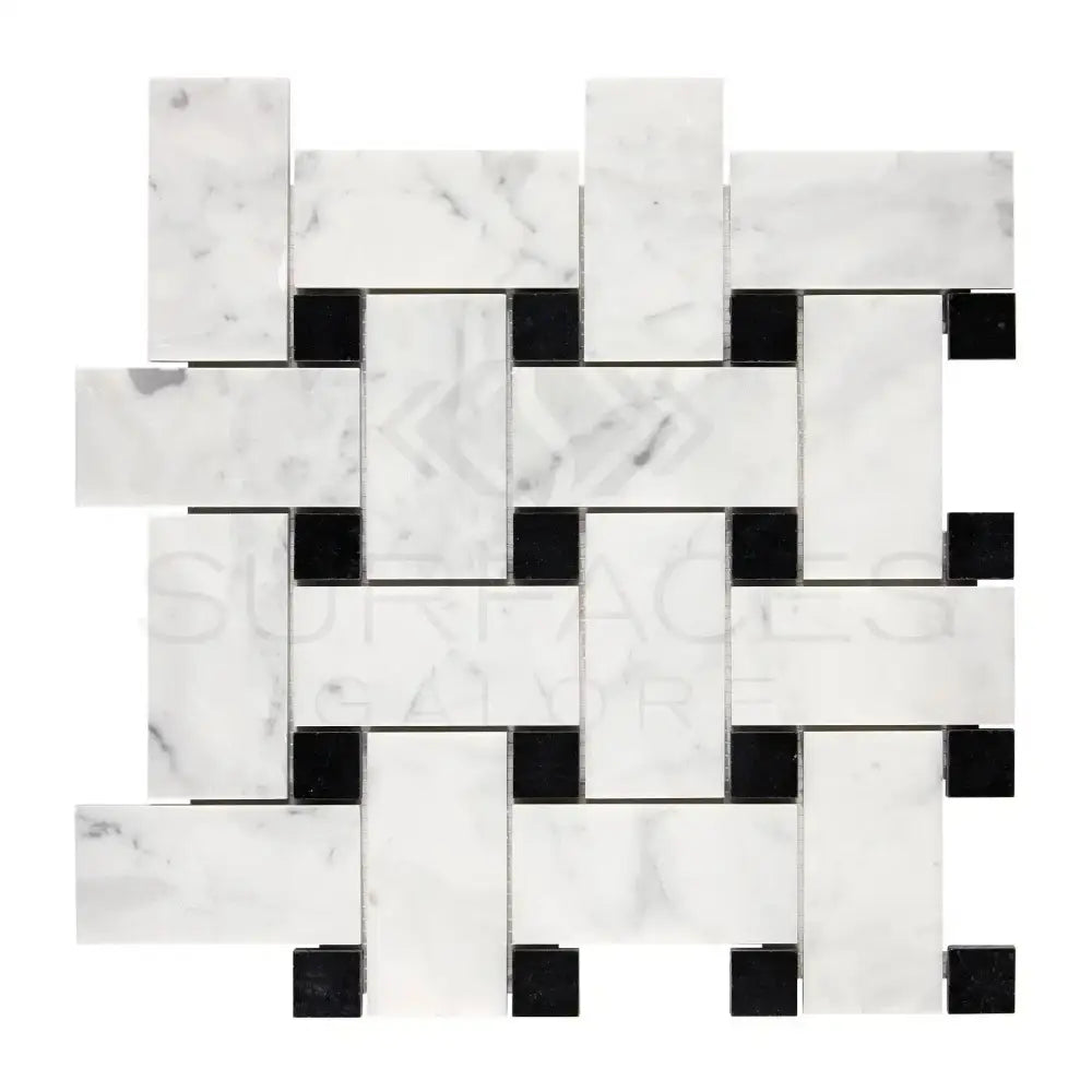 Carrara White Royale Large Basketweave (w/ Black) Mosaic Marble Tile-American Stone