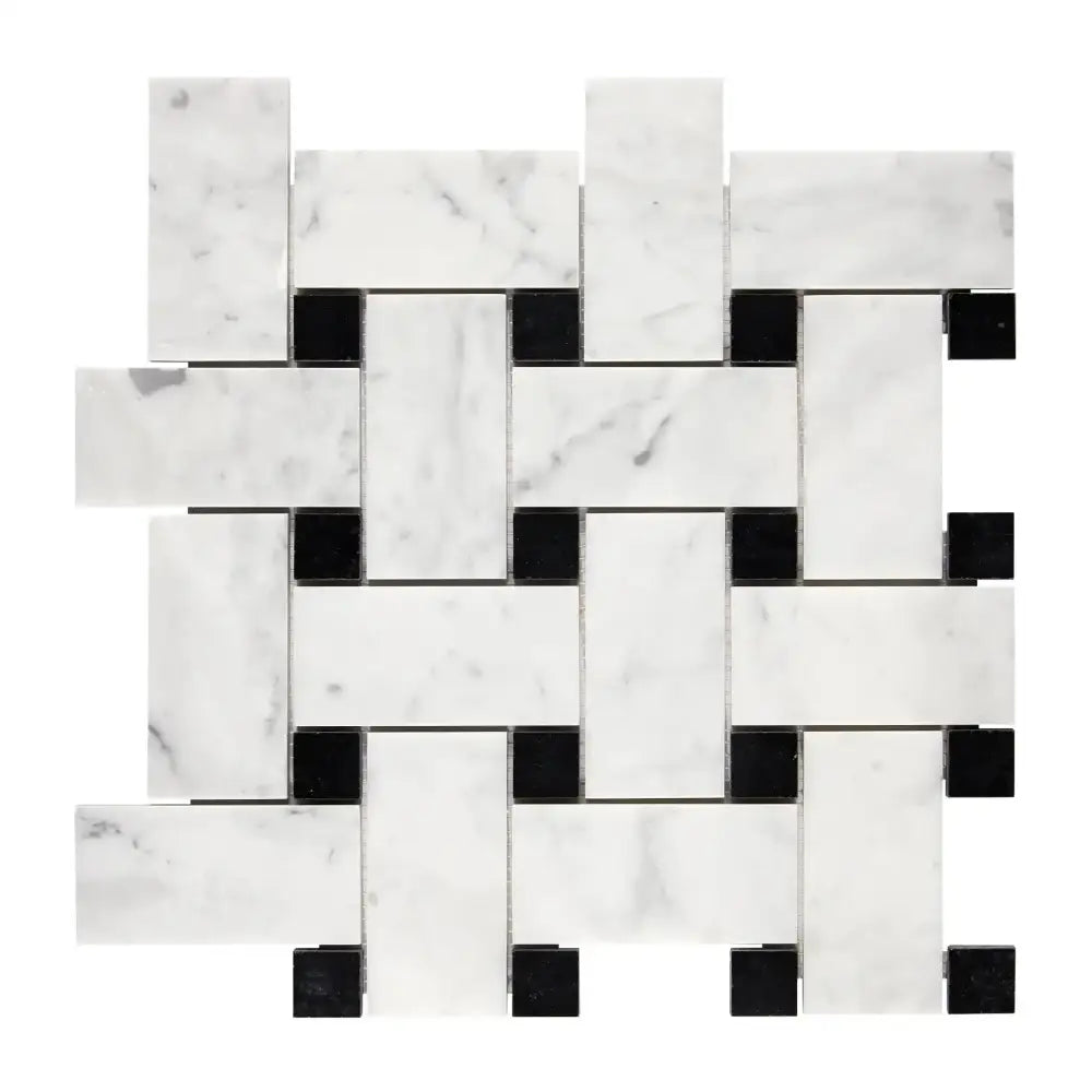 Woven marble and black tile mosaic in Carrara White Royale large basketweave style