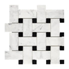 Woven marble and black tile mosaic in Carrara White Royale large basketweave style
