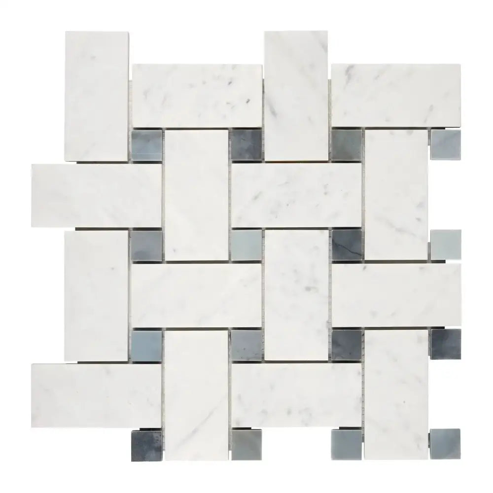 Carrara White Royale Large Basketweave (w/ Blue-Gray) Mosaic Marble Tile-American Stone