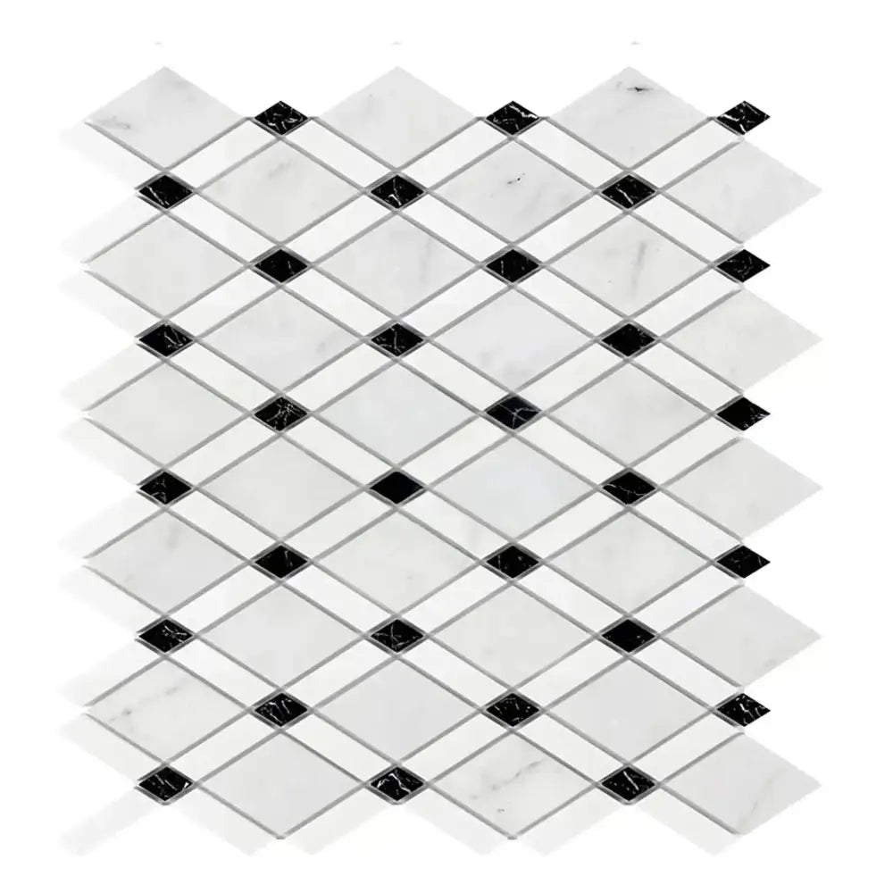 Diamond-patterned marble tile sheet in Carrara White Royale and Thassos for elegant flooring
