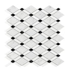 Diamond-patterned marble tile sheet in Carrara White Royale and Thassos for elegant flooring