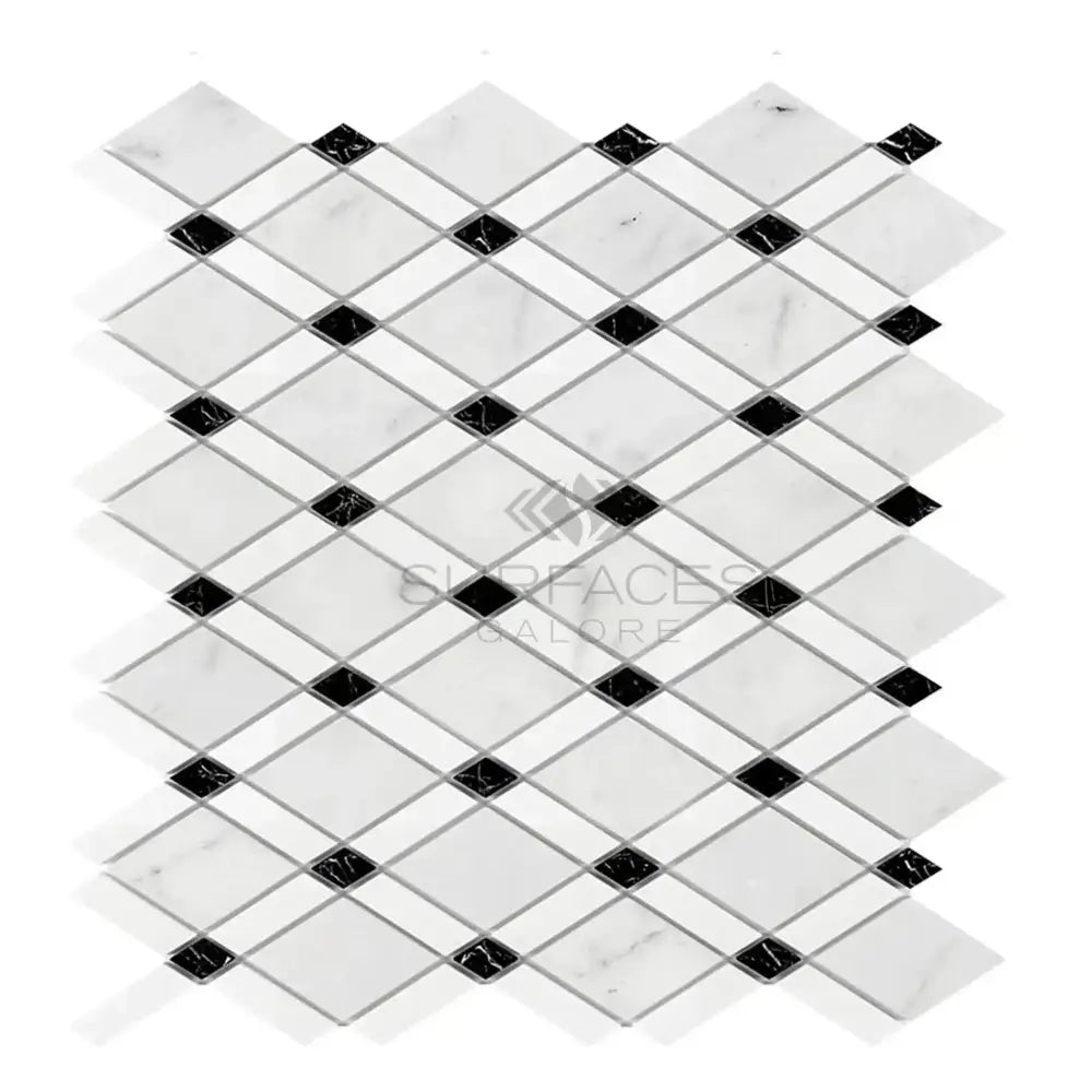 Diamond-patterned tile mosaic featuring Carrara White and Thassos marble for elegant surfaces