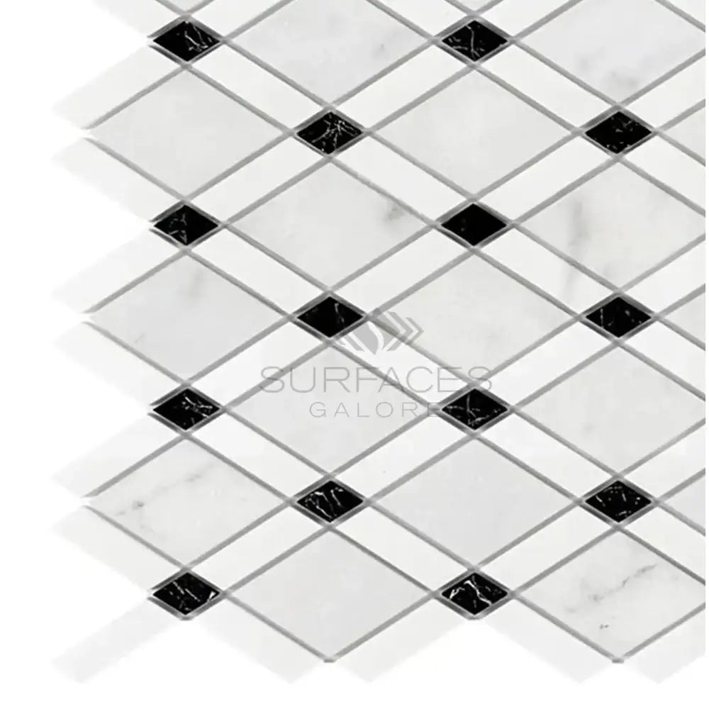 Diamond-patterned marble tile with black accents from Carrara White Royale Mosaic collection