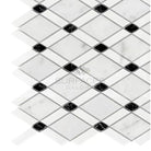 Diamond-patterned marble tile with black accents from Carrara White Royale Mosaic collection